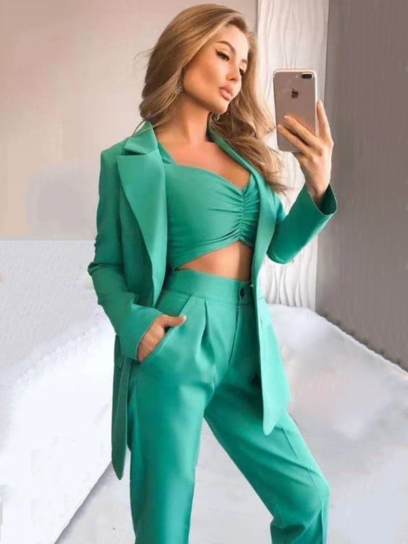 Ensemble Deux Pièces Bleu Col V Boutons Classique Manches Longues Blazer Pantalon Droit Femmes Costumes Tenue - Vert