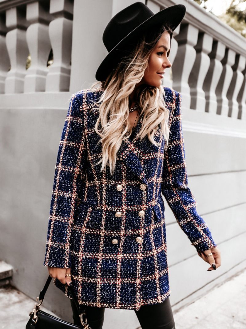 Manteau À Carreaux Pour Femmes Épaules Rembourrées Revers Double Poitrine Vêtements D'extérieur D'automne Et D'hiver - Bleu