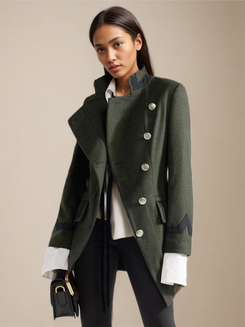 Manteau Laine Militaire Pour Femmes Boutons Asymétriques Poches Vert Chasseur Manches Longues D'hiver Vêtements D'extérieur Confortables Et Actifs