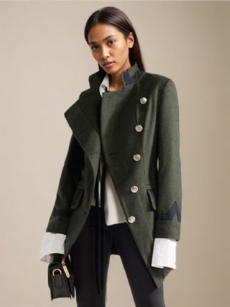 Manteau Laine Militaire Pour Femmes Boutons Asymétriques Poches Vert Chasseur Manches Longues D'hiver Vêtements D'extérieur Confortables Et Actifs