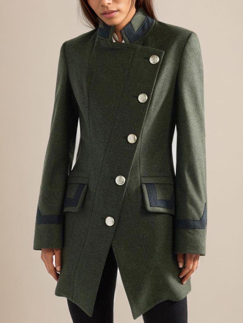 Manteau Laine Militaire Pour Femmes Boutons Asymétriques Poches Vert Chasseur Manches Longues D'hiver Vêtements D'extérieur Confortables Et Actifs - Vert Chasseur