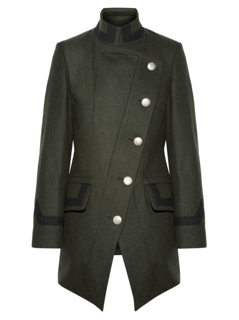 Manteau Laine Militaire Pour Femmes Boutons Asymétriques Poches Vert Chasseur Manches Longues D'hiver Vêtements D'extérieur Confortables Et Actifs - Vert Chasseur