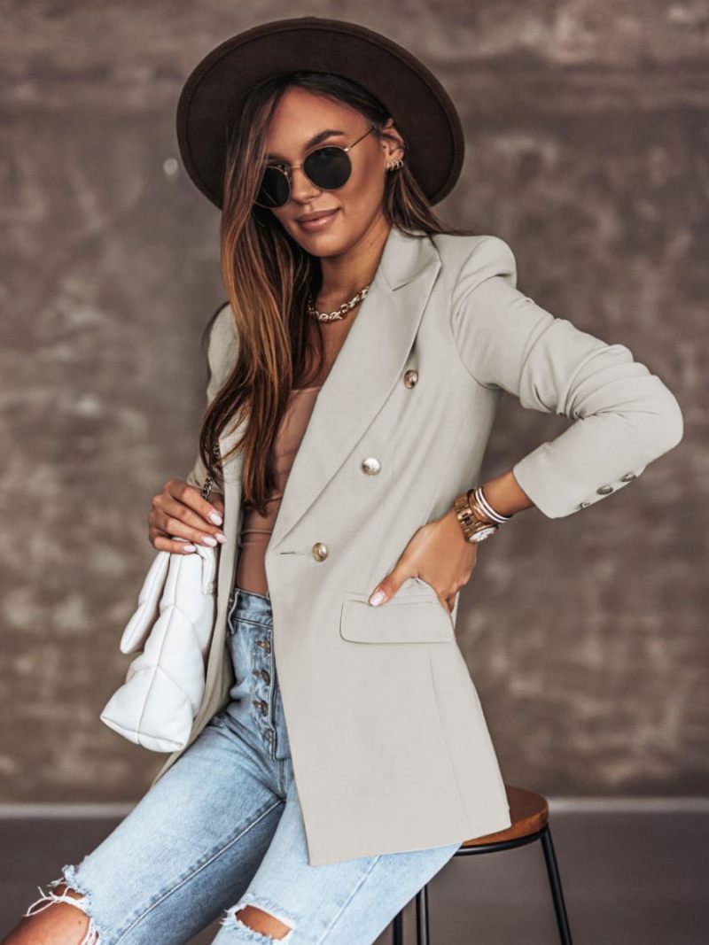 Veste Blazer Blanc Couleur Unie Col Rabattu Double Boutonnage Coupe Cintrée Chic Vêtements D'extérieur Rue Pour Femmes Printemps-automne