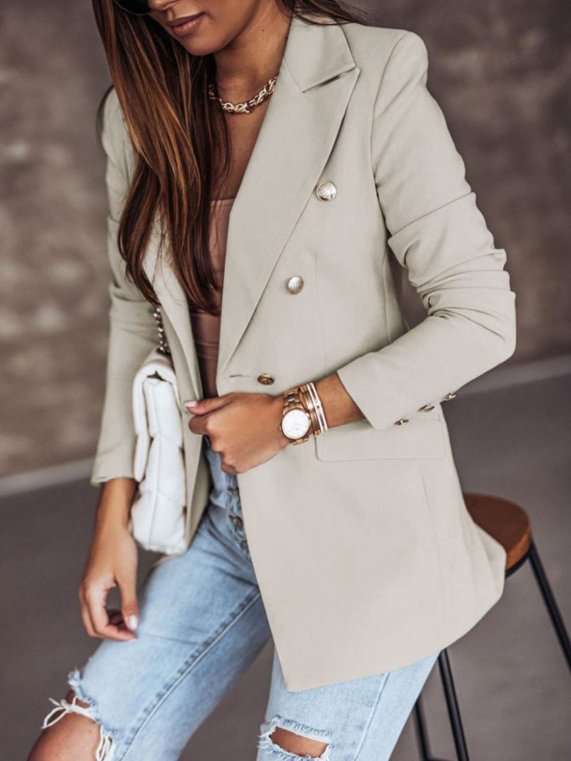 Veste Blazer Blanc Couleur Unie Col Rabattu Double Boutonnage Coupe Cintrée Chic Vêtements D'extérieur Rue Pour Femmes Printemps-automne - Gris Clair