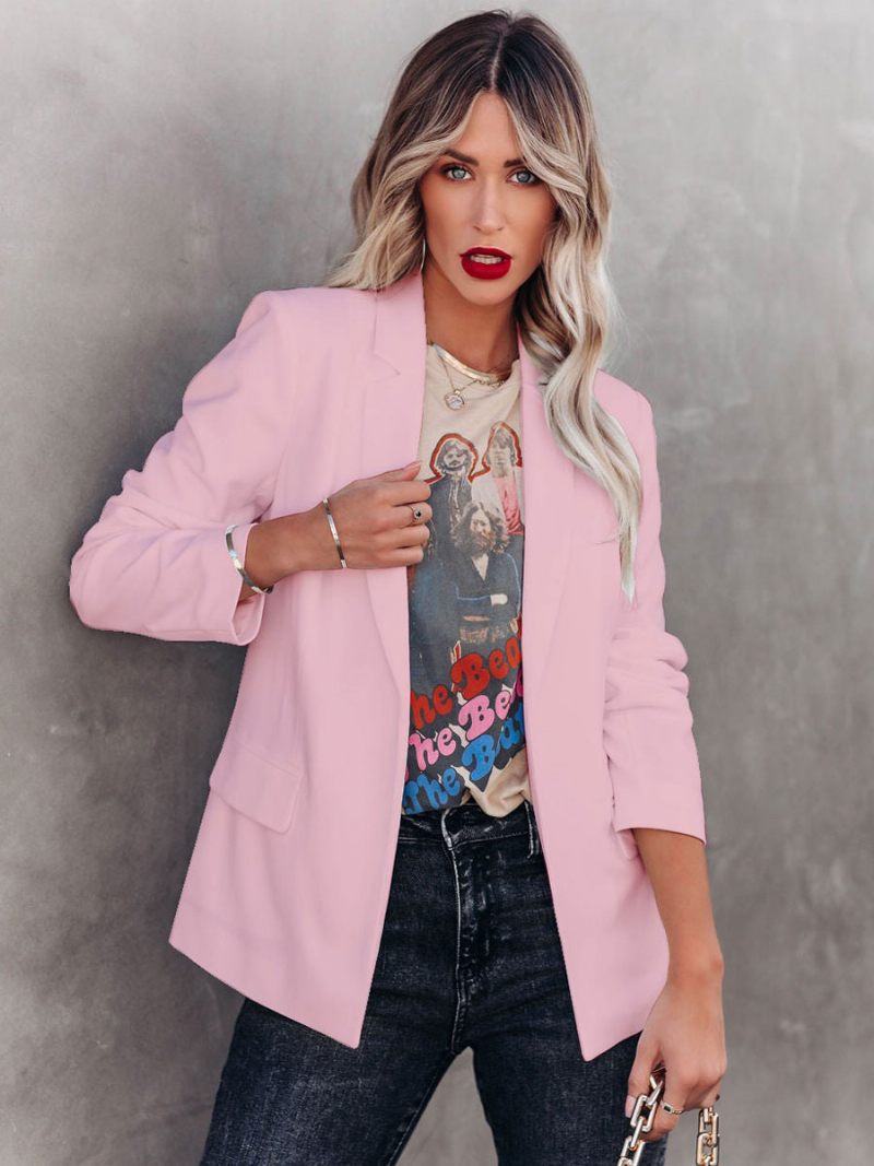 Veste Blazer Blanche Pour Femmes Couleur Unie Revers Chic Printemps Automne Vêtements D'extérieur Décontractés Rue - Rose Clair