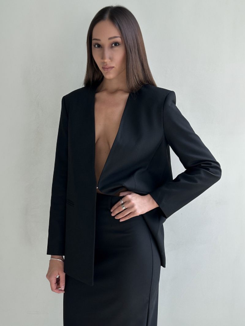 Veste Blazer Pour Femme Moderne Col V Manches Longues Vêtements D'extérieur - Noir