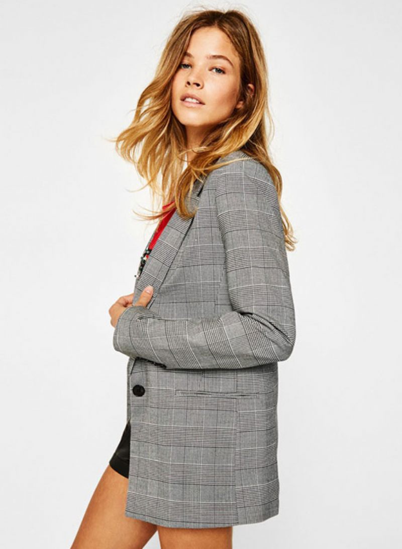 Veste Blazer Pour Femmes Revers À Carreaux Manches Longues Vêtements D'extérieur