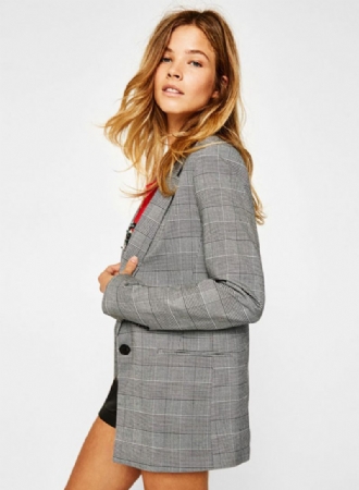 Veste Blazer Pour Femmes Revers À Carreaux Manches Longues Vêtements D'extérieur