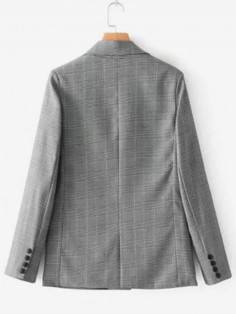 Veste Blazer Pour Femmes Revers À Carreaux Manches Longues Vêtements D'extérieur - Gris