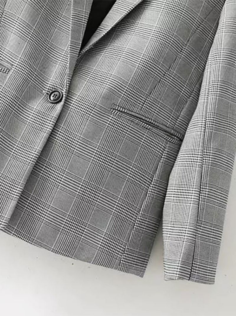 Veste Blazer Pour Femmes Revers À Carreaux Manches Longues Vêtements D'extérieur - Gris