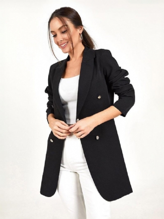 Veste Blazer Longue Pour Femmes Couleur Unie Noire Décontractée Double Boutonnage Vêtements D'extérieur Décontractés Printemps-automne