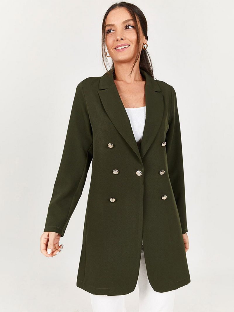 Veste Blazer Longue Pour Femmes Couleur Unie Noire Décontractée Double Boutonnage Vêtements D'extérieur Décontractés Printemps-automne - Vert Chasseur