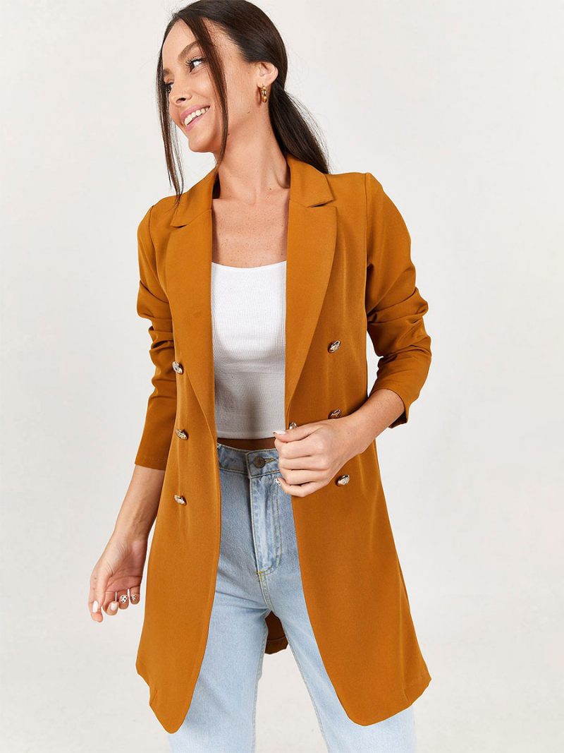 Veste Blazer Longue Pour Femmes Couleur Unie Noire Décontractée Double Boutonnage Vêtements D'extérieur Décontractés Printemps-automne - Jaune