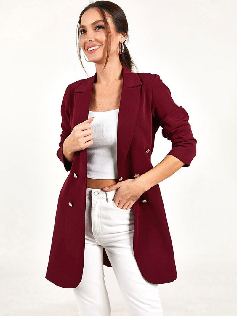 Veste Blazer Longue Pour Femmes Couleur Unie Noire Décontractée Double Boutonnage Vêtements D'extérieur Décontractés Printemps-automne - Bourgogne