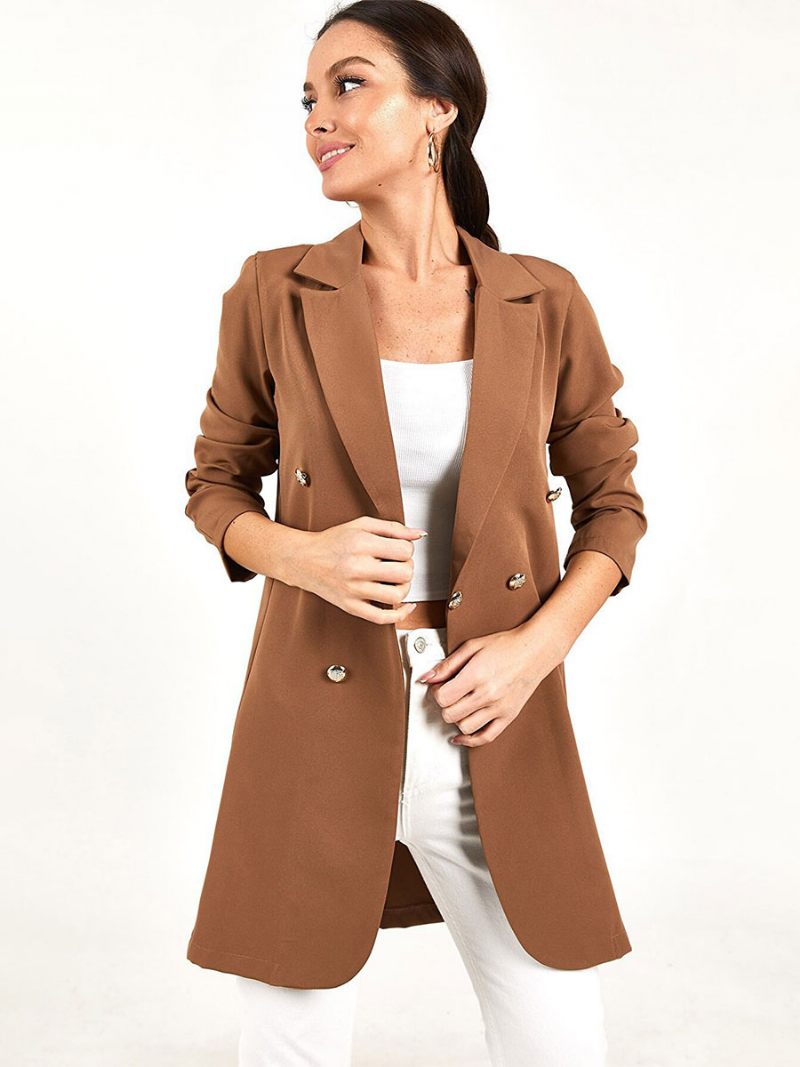 Veste Blazer Longue Pour Femmes Couleur Unie Noire Décontractée Double Boutonnage Vêtements D'extérieur Décontractés Printemps-automne - Kaki