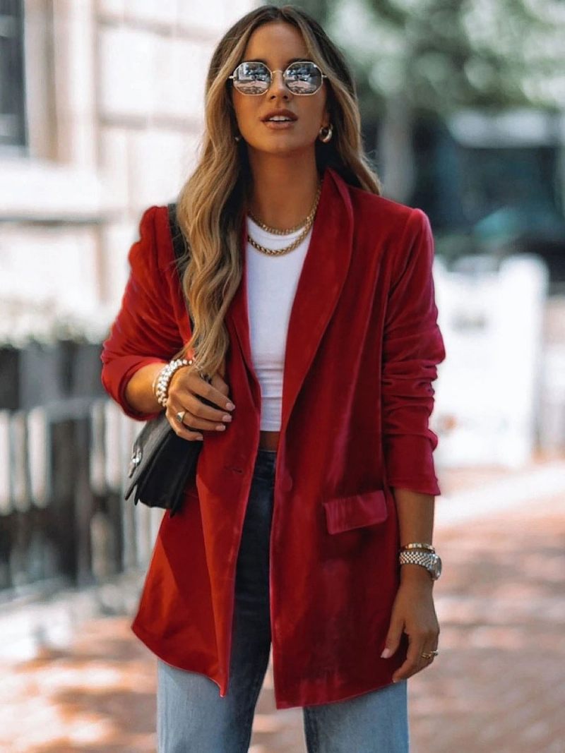 Veste Blazer Longue Velours Pour Femmes Couleur Unie Rouge Chic Surdimensionnée Printemps-automne Vêtements D'extérieur Décontractés Rue - Rouge