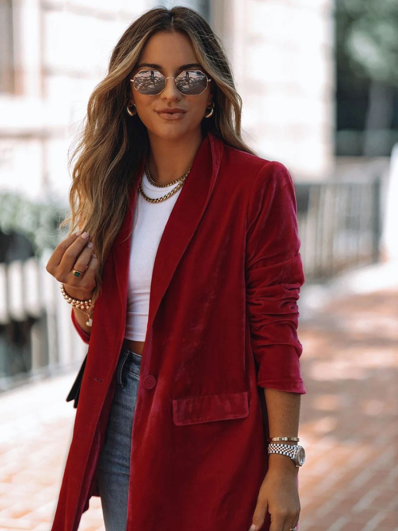 Veste Blazer Longue Velours Pour Femmes Couleur Unie Rouge Chic Surdimensionnée Printemps-automne Vêtements D'extérieur Décontractés Rue - Rouge