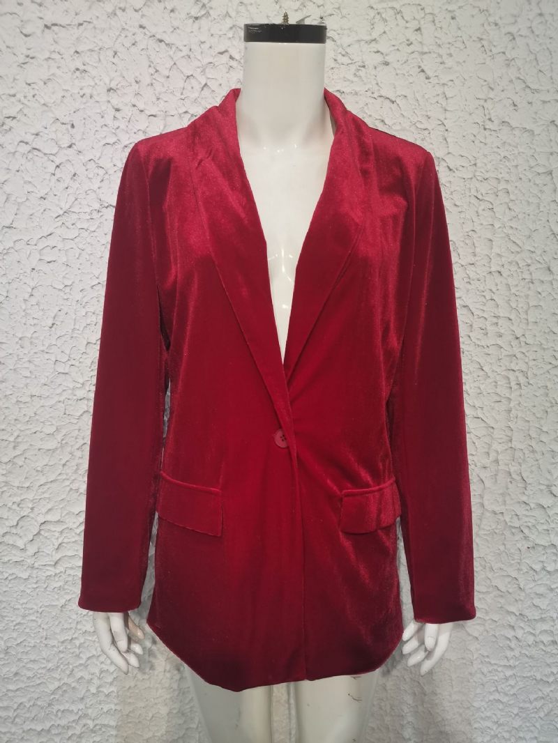 Veste Blazer Longue Velours Pour Femmes Couleur Unie Rouge Chic Surdimensionnée Printemps-automne Vêtements D'extérieur Décontractés Rue - Rouge