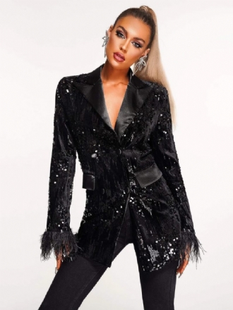 Veste Blazer À Paillettes Pour Femmes Col Rabattu Noir Manches Longues Vêtements D'extérieur