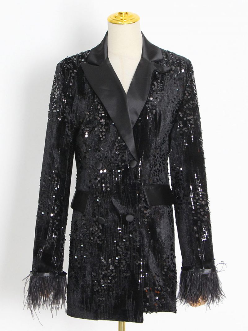 Veste Blazer À Paillettes Pour Femmes Col Rabattu Noir Manches Longues Vêtements D'extérieur - Noir