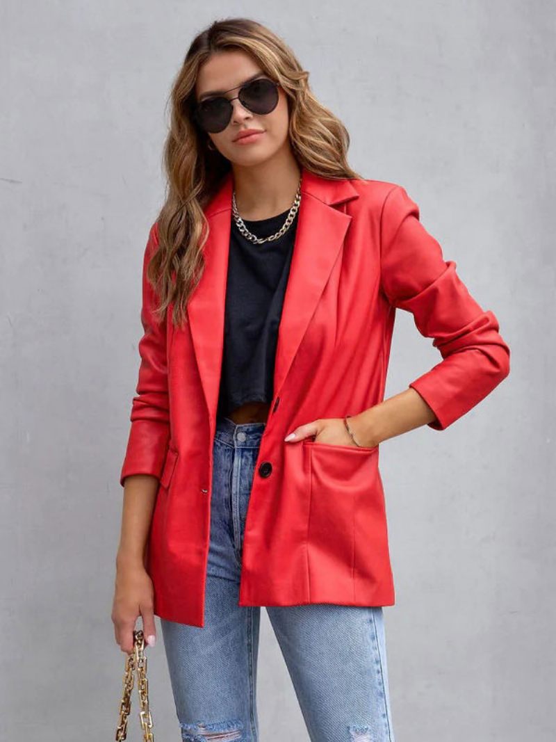 Veste Blazer Simili Cuir Blanc Pu Couleur Unie Vêtements D'extérieur Décontractés Printemps Automne Pour Femmes - Rouge