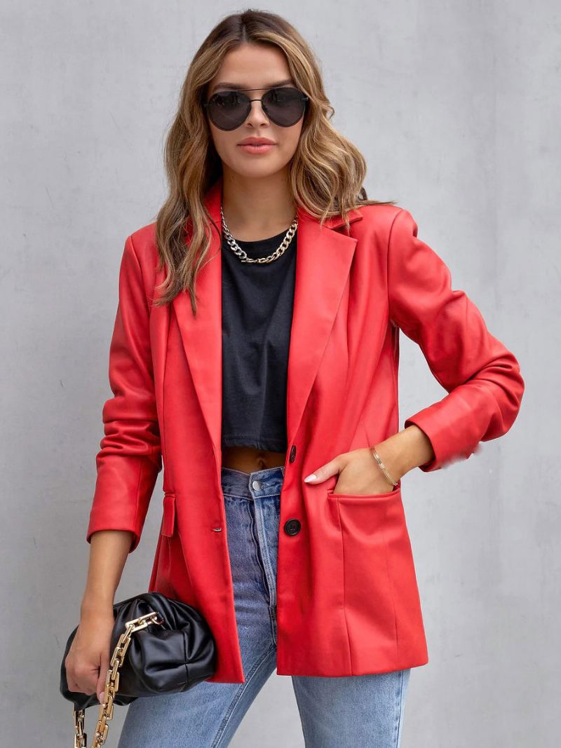 Veste Blazer Simili Cuir Blanc Pu Couleur Unie Vêtements D'extérieur Décontractés Printemps Automne Pour Femmes - Rouge