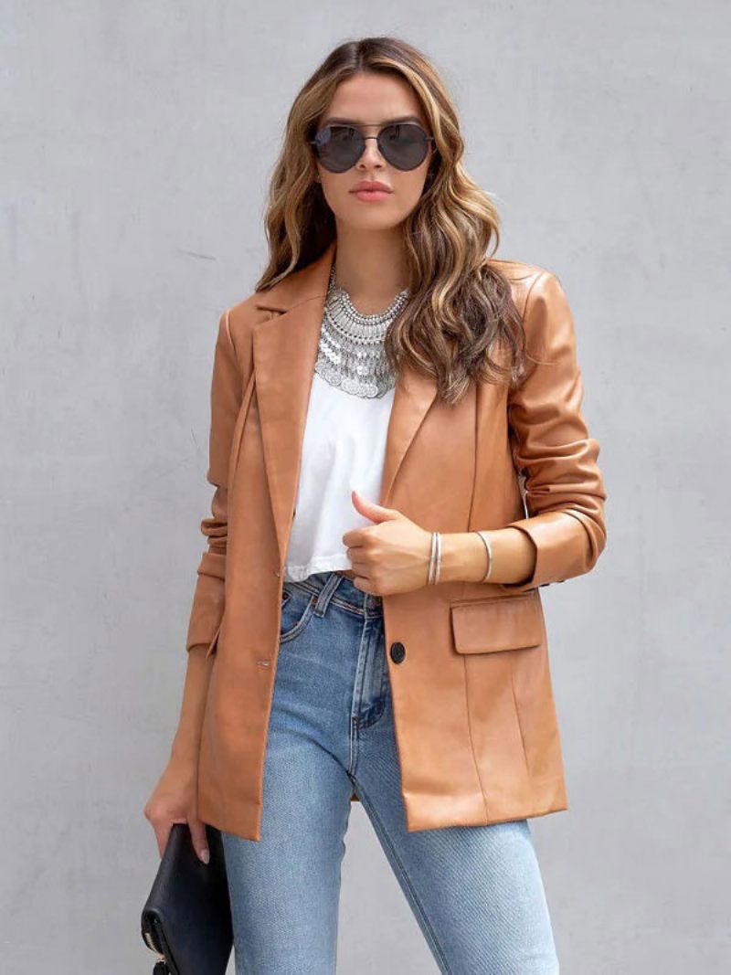 Veste Blazer Simili Cuir Blanc Pu Couleur Unie Vêtements D'extérieur Décontractés Printemps Automne Pour Femmes - Marron Clair