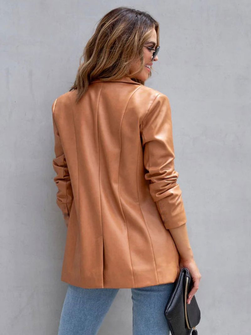 Veste Blazer Simili Cuir Blanc Pu Couleur Unie Vêtements D'extérieur Décontractés Printemps Automne Pour Femmes - Marron Clair