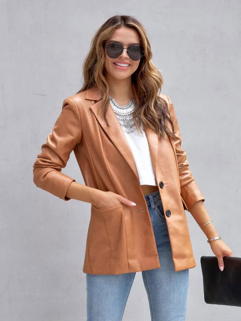 Veste Blazer Simili Cuir Blanc Pu Couleur Unie Vêtements D'extérieur Décontractés Printemps Automne Pour Femmes - Marron Clair