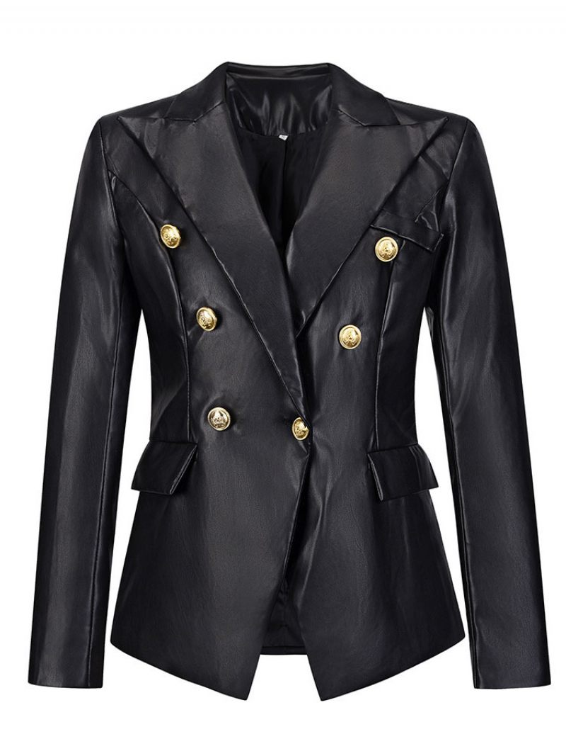 Veste Blazer Simili Cuir Or Métallisé À Manches Longues Col Rabattu Double Boutonnage Revers Coupe Ajustée Moderne Printemps Automne Vêtements D'extérieur Pour Femmes - Noir