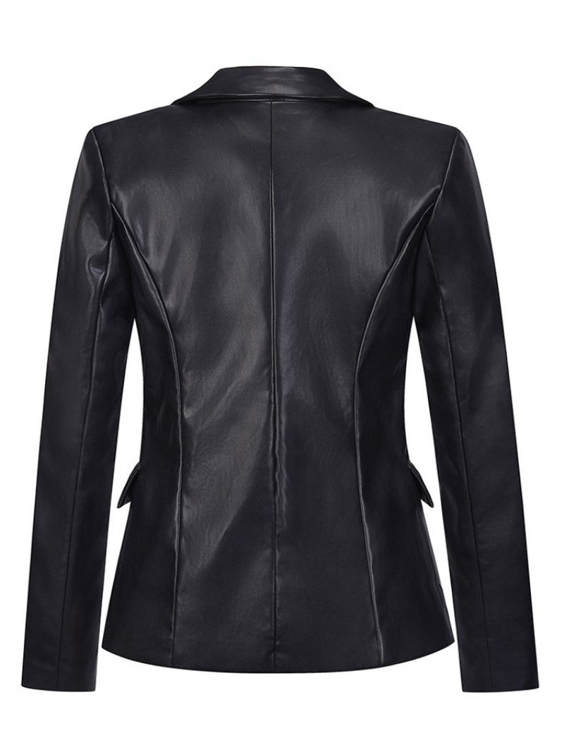 Veste Blazer Simili Cuir Or Métallisé À Manches Longues Col Rabattu Double Boutonnage Revers Coupe Ajustée Moderne Printemps Automne Vêtements D'extérieur Pour Femmes - Noir