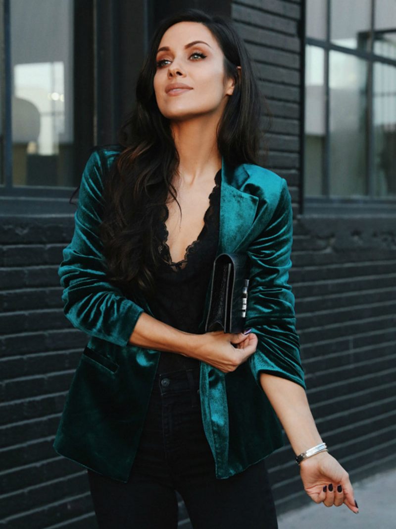 Veste Blazer Velours Pour Femmes Vert Bordeaux Couleur Unie Décontractée Coupe Cintrée Vêtements D'extérieur Rue Printemps Et Automne - Vert