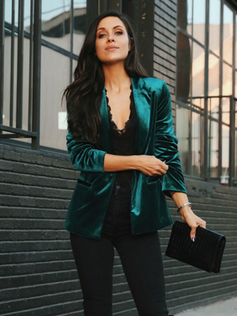 Veste Blazer Velours Pour Femmes Vert Bordeaux Couleur Unie Décontractée Coupe Cintrée Vêtements D'extérieur Rue Printemps Et Automne - Vert