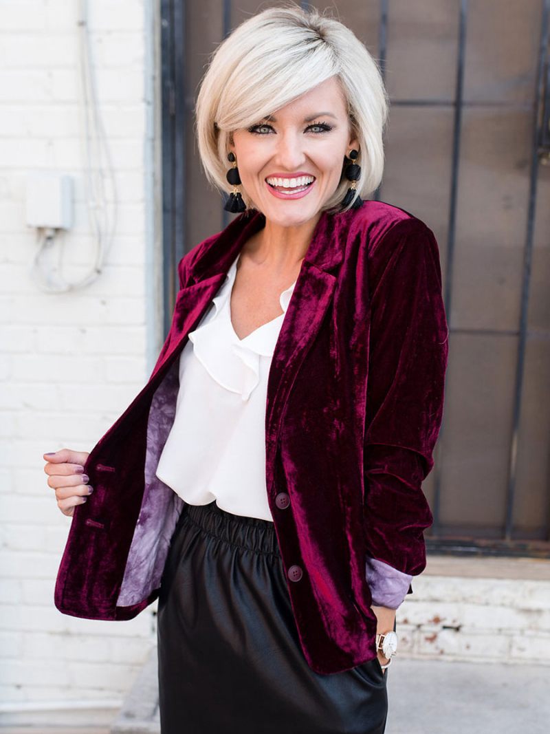 Veste Blazer Velours Pour Femmes Vert Bordeaux Couleur Unie Décontractée Coupe Cintrée Vêtements D'extérieur Rue Printemps Et Automne - Bourgogne