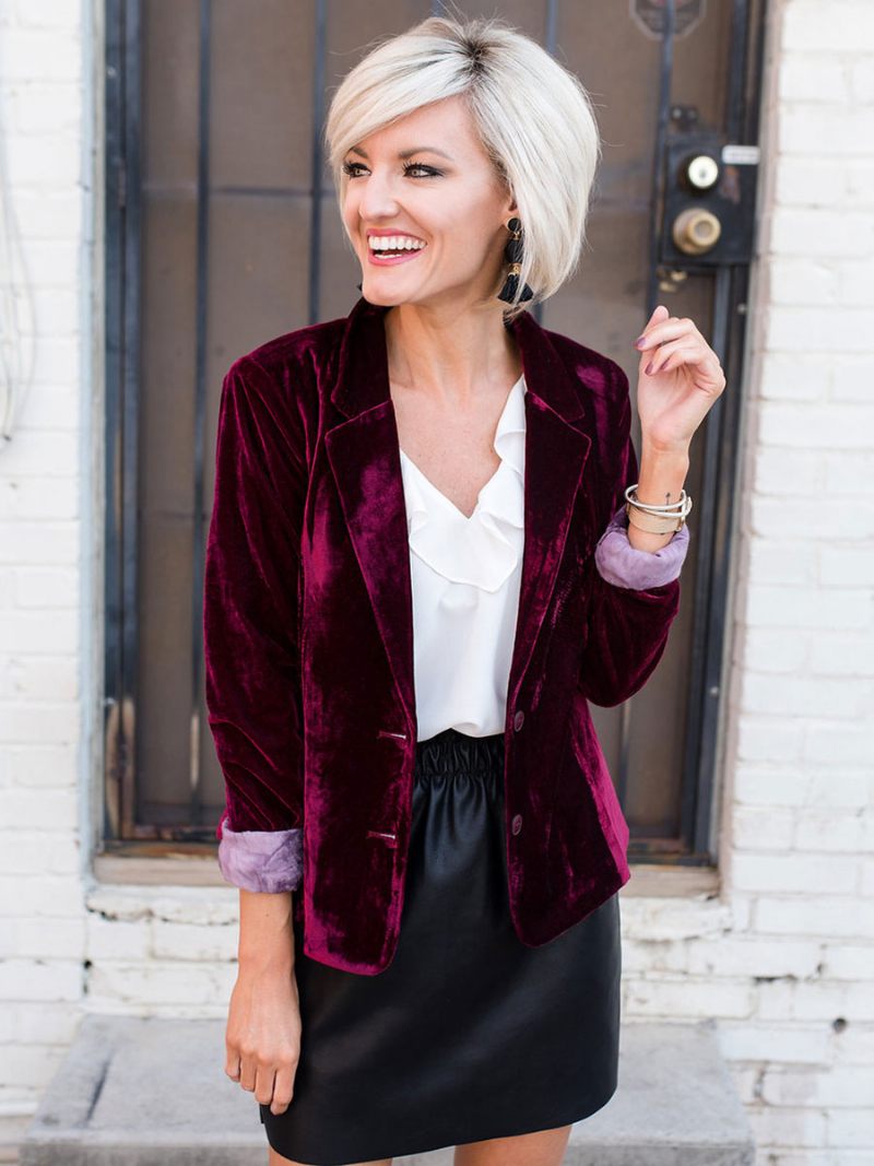 Veste Blazer Velours Pour Femmes Vert Bordeaux Couleur Unie Décontractée Coupe Cintrée Vêtements D'extérieur Rue Printemps Et Automne - Bourgogne