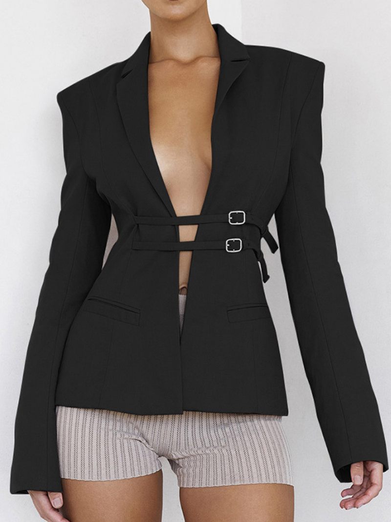 Veste Femme Blazer Manches Longues Col V Revers Cranté - Noir