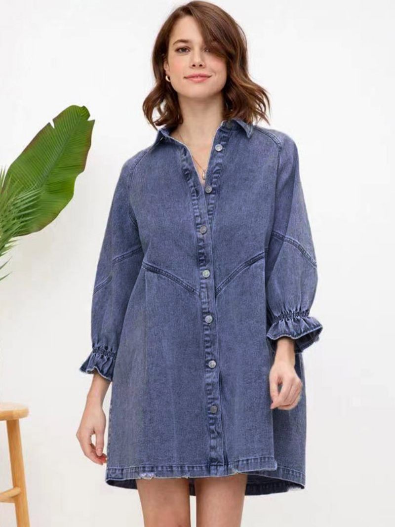 Mini Robe À Manches Froncées Pour Femmes Boutons Sur Le Devant Couleur Unie - Bleu