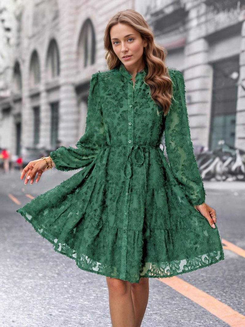 Robe Brodée Florale Bleu Marine Foncé Pour Femmes Boutons Ceinturés Robes Courtes Décontractées - Vert Foncé