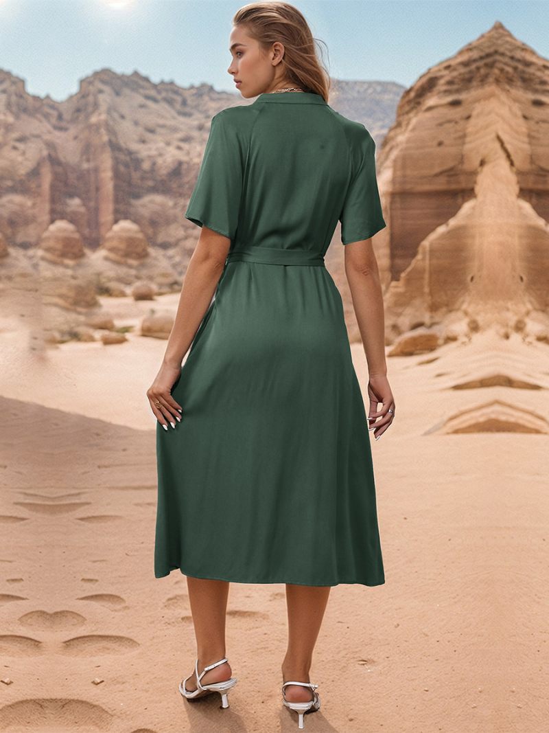 Robe Chemise Pour Femmes Manches Courtes Ceinture Détails D'anneau Boutons Robes Mi-longues D'été - Vert Chasseur