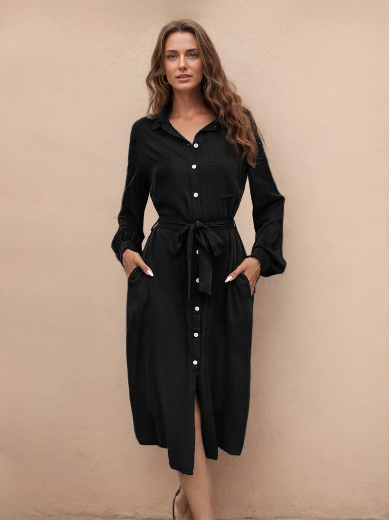 Robe Chemise À Manches Longues Pour Femmes Boutons Sur Le Devant Ceinturée Robes Mi-longues