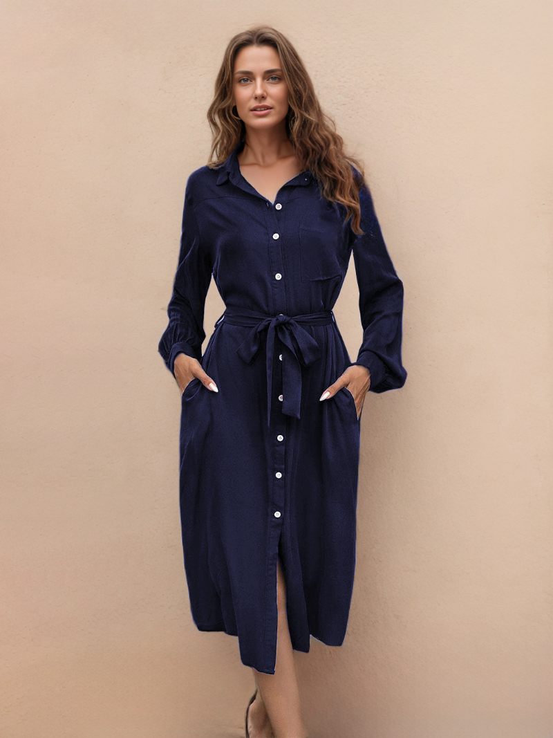 Robe Chemise À Manches Longues Pour Femmes Boutons Sur Le Devant Ceinturée Robes Mi-longues - Marine Foncé