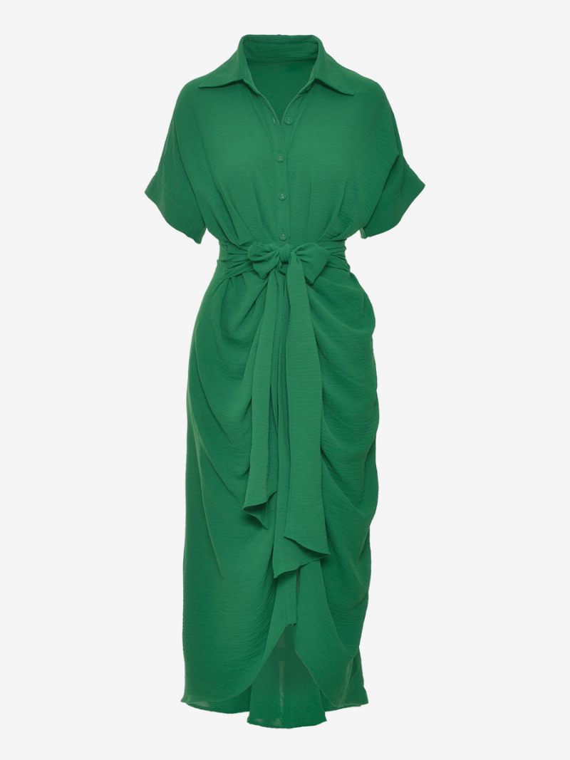 Robe Chemise Mi-longue Rose Pour Femmes Col Rabattu Plissée Manches Courtes Robes Superposées - Vert