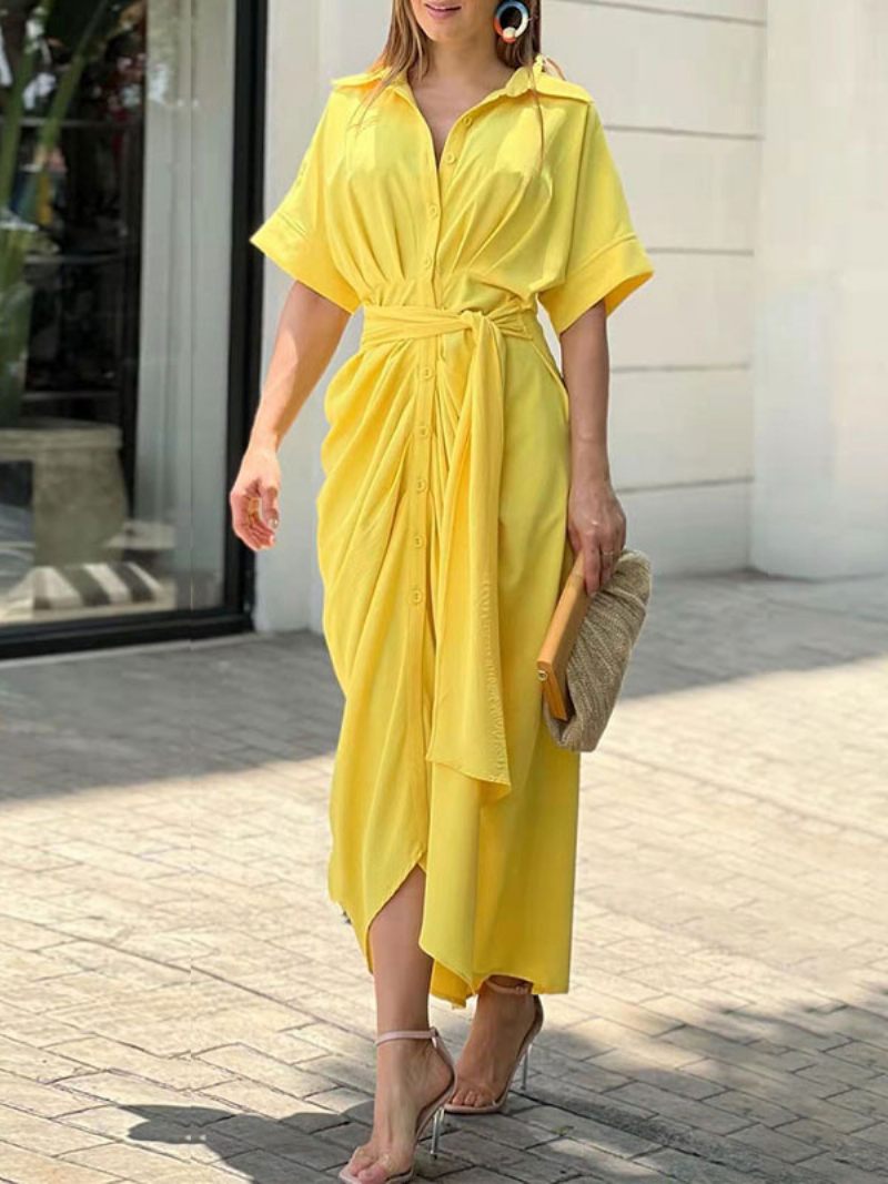 Robe Chemise Mi-longue Rose Pour Femmes Col Rabattu Plissée Manches Courtes Robes Superposées - Jaune