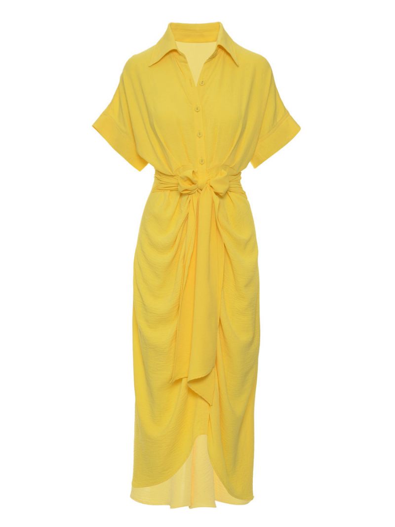 Robe Chemise Mi-longue Rose Pour Femmes Col Rabattu Plissée Manches Courtes Robes Superposées - Jaune