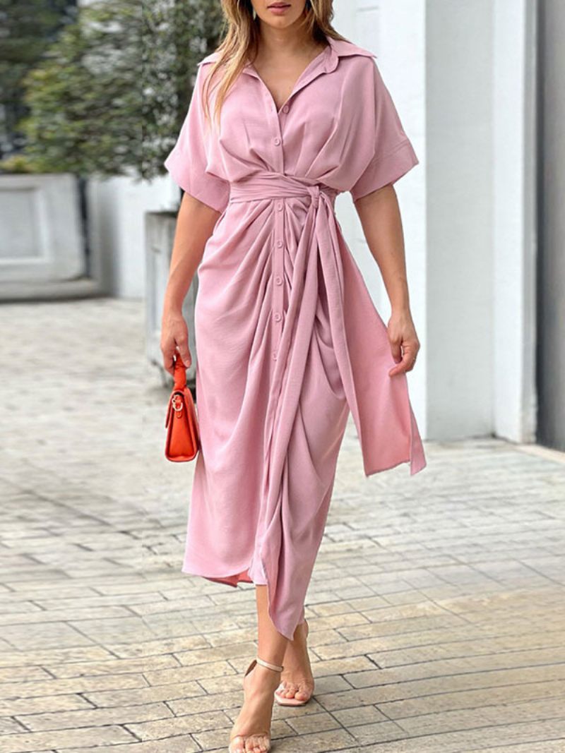 Robe Chemise Mi-longue Rose Pour Femmes Col Rabattu Plissée Manches Courtes Robes Superposées - Rose