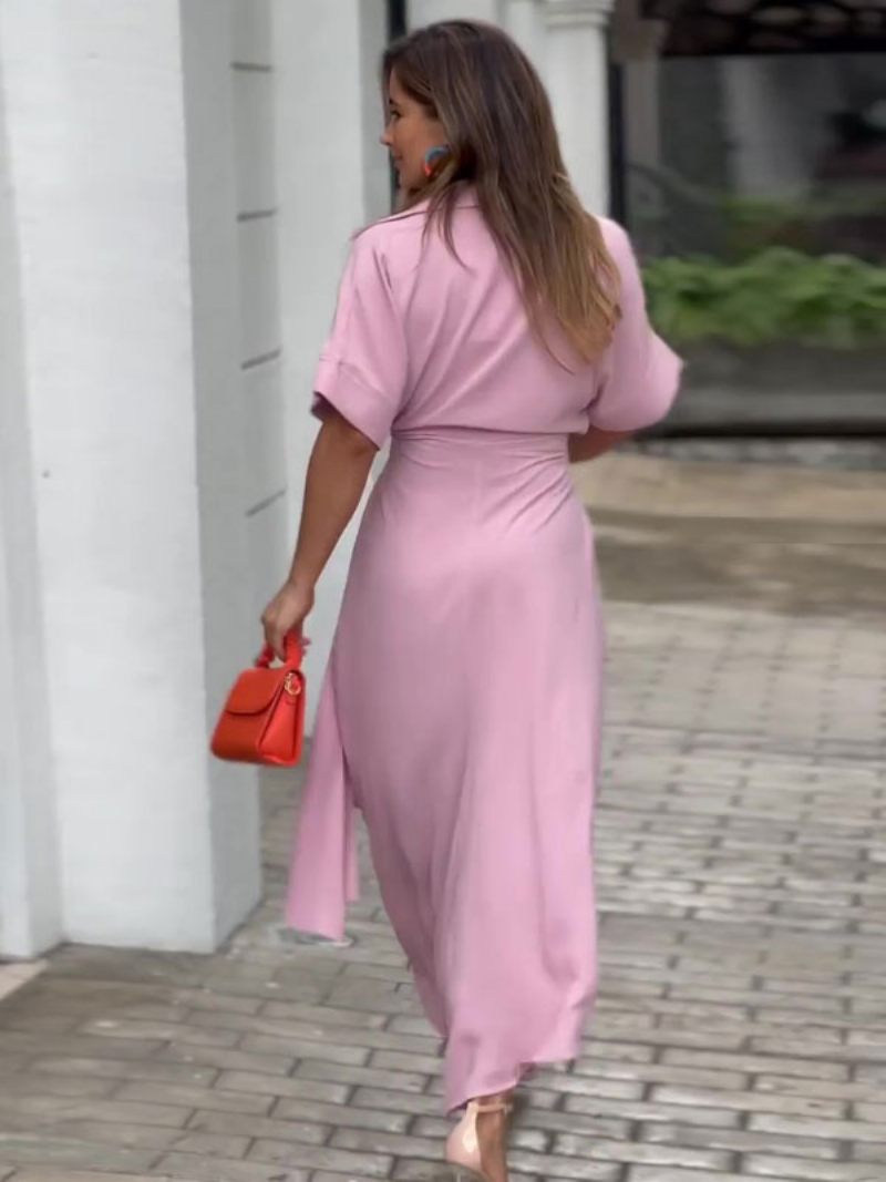 Robe Chemise Mi-longue Rose Pour Femmes Col Rabattu Plissée Manches Courtes Robes Superposées - Rose