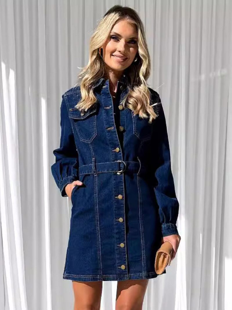 Robe Jean Pour Femmes Boutons Ceinture Manches Longues Poches Mini Robes Décontractées - Bleu