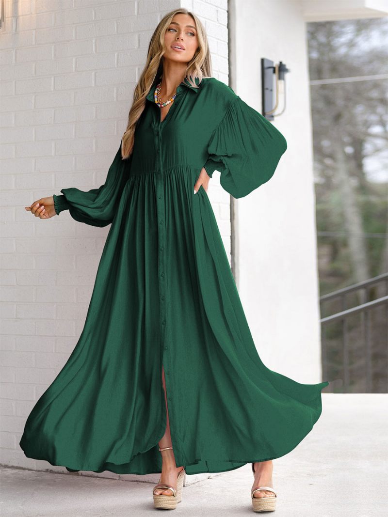 Robe Longue Blanche Pour Femmes Col Rabattu Manches Longues Chemise Surdimensionnée - Vert