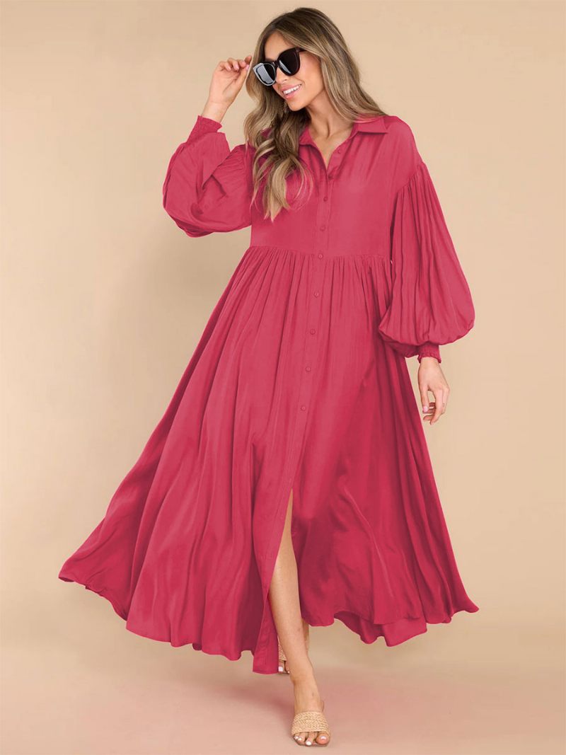 Robe Longue Blanche Pour Femmes Col Rabattu Manches Longues Chemise Surdimensionnée - Rose