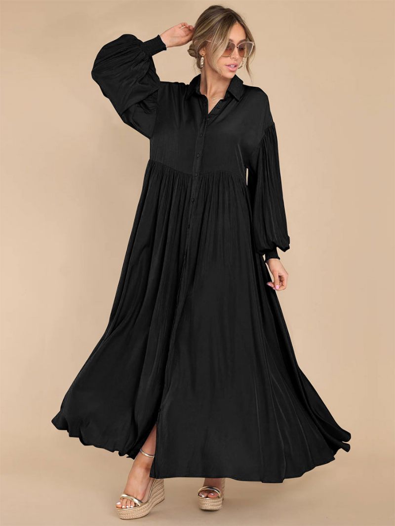 Robe Longue Blanche Pour Femmes Col Rabattu Manches Longues Chemise Surdimensionnée - Noir